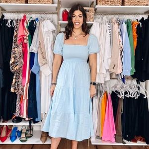 Smocked Bodice Linen-Blend Midi Dress Abercrombie